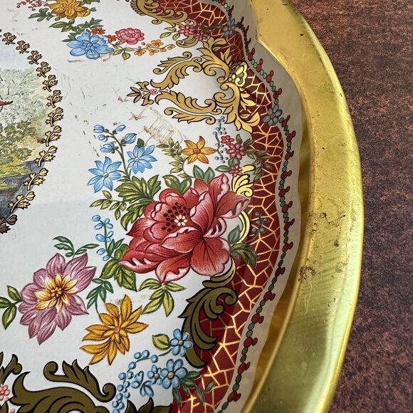 Vintage Daher Decorated Ware Tin Tray 16.25" Round Floral & Asian Scene England - Picture 8 of 16